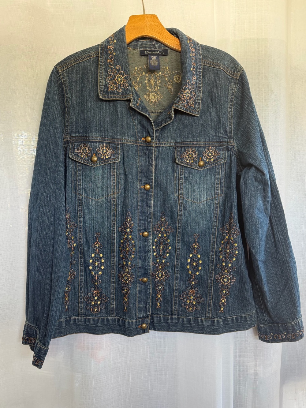 Denim & Co Embroidered Denim Jacket Size L Boho Western